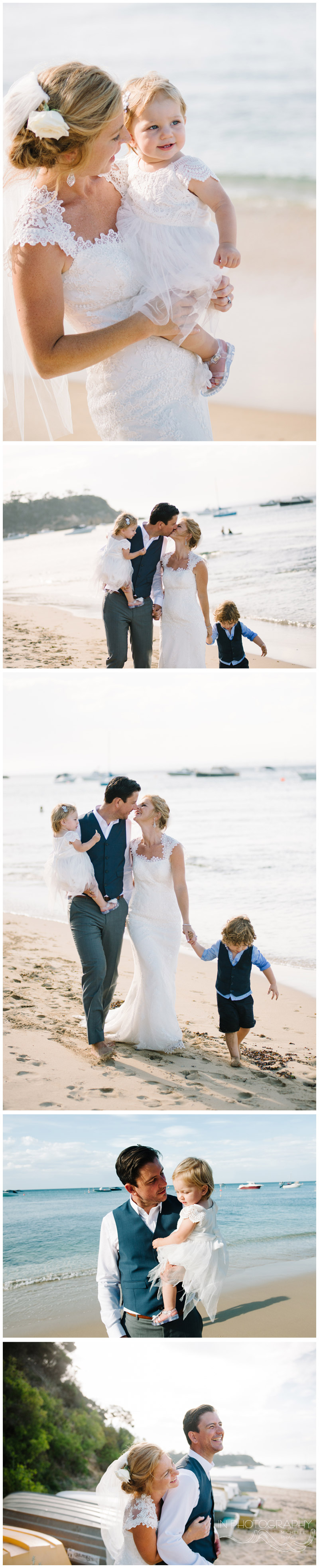 Happy bride and groom with kids on Mornington Peninsula beach